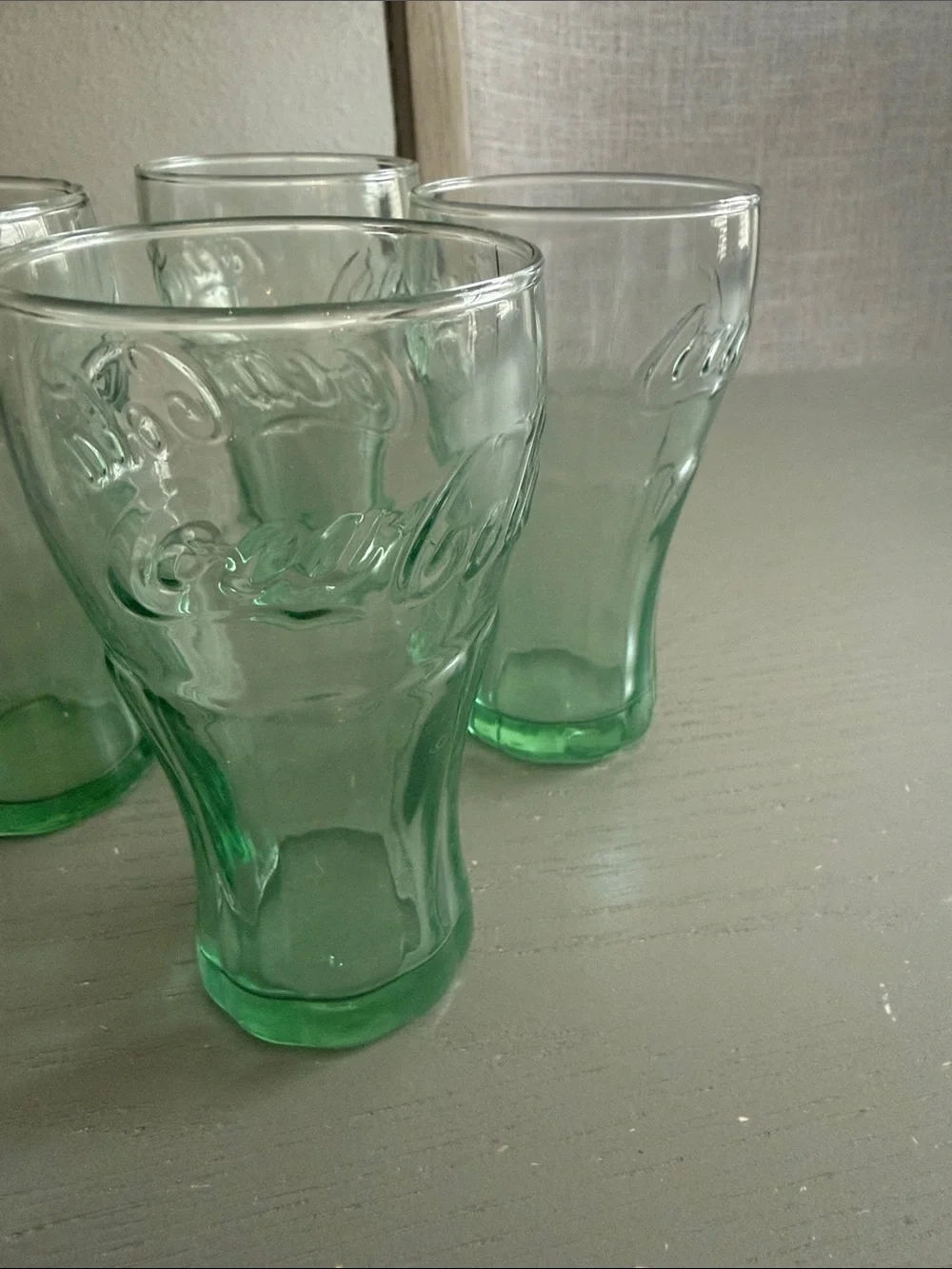 Vintage Coca-Cola Libbey Green Glass Tumblers Stands approx 4.5 inches tall